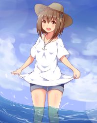 Rule 34 | 10s, 1girl, alternate costume, anchor, blue shorts, brown eyes, brown hair, day, denim, denim shorts, hakuhou (ende der welt), hat, highres, in water, jewelry, kantai collection, necklace, open mouth, partially submerged, shirt, short hair, shorts, solo, standing, sun hat, t-shirt, teeth, wading, water, white shirt, yukikaze (kancolle)
