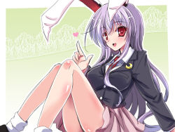 Rule 34 | 1girl, animal ears, bare legs, blazer, rabbit ears, crescent, heart, heart-shaped pupils, long hair, long sleeves, open mouth, purple hair, red eyes, reisen udongein inaba, shirt, sitting, skirt, smile, solo, symbol-shaped pupils, touhou, very long hair, yamu (reverse noise)