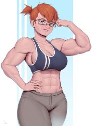 Rule 34 | 1girl, abs, absurdres, bare shoulders, biceps, blue sports bra, breasts, cleavage, commission, cowboy shot, flexing, glasses, green eyes, grey pants, grin, hand on own hip, hand up, highres, large breasts, looking at viewer, midriff, muscular, muscular female, navel, orange hair, original, pants, ponytail, rectangular eyewear, short hair, signature, smile, solo, speedl00ver, sports bra, sweatpants, v-shaped eyebrows