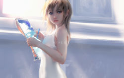 Rule 34 | 1girl, artist name, backlighting, bare shoulders, blonde hair, blue eyes, breasts, commentary, commentary request, dress, english commentary, expressionless, hair between eyes, holding, holding pencil, holding sketchbook, kingdom hearts, looking at viewer, medium hair, mixed-language commentary, namine, nixeu, pencil, sidelocks, sketchbook, sleeveless, sleeveless dress, small breasts, solo, sunlight, white dress, window