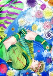 Rule 34 | 1boy, bad id, bad pixiv id, blonde hair, caesar anthonio zeppeli, facial mark, feather hair ornament, feathers, fingerless gloves, flower, from side, gloves, green eyes, green gloves, green jacket, hair ornament, headband, highres, jacket, jojo no kimyou na bouken, male focus, mitarashi (mimi88884), pants, reflection, ripples, scarf, sky, solo, striped clothes, striped pants, striped scarf, water