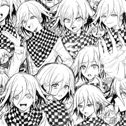 Rule 34 | 1boy, :d, anger vein, buttons, checkered clothes, checkered scarf, danganronpa (series), danganronpa v3: killing harmony, greyscale, hair between eyes, highres, index finger raised, long sleeves, looking at viewer, male focus, medium hair, monochrome, multiple views, oma kokichi, open mouth, scarf, smile, sweat, teeth, wa noko