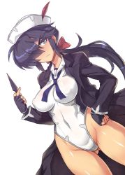Rule 34 | 1girl, black coat, black hair, blue eyes, blush, breasts, closed mouth, coat, covered navel, cowboy shot, denki showgun, dutch angle, girls und panzer, gluteal fold, hair over one eye, hand on own hip, hat, hat feather, highleg, highleg leotard, highres, holding, kunai, large breasts, leotard, long hair, long sleeves, looking at viewer, neck ribbon, ogin (girls und panzer), one eye covered, open clothes, open coat, ribbon, sanpaku, simple background, solo, taimanin (series), taimanin suit, weapon, white background, white hat