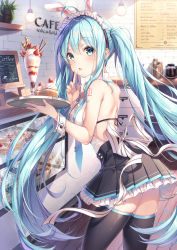 Rule 34 | 1girl, animal ears, black skirt, black thighhighs, blue eyes, blue hair, brick wall, cafe, cake, coffee pot, cupcake, dangmyo, display case, fake animal ears, food, food on hand, fruit, hair between eyes, hatsune miku, highres, indoors, long hair, looking at viewer, macaron, maid headdress, necktie, number tattoo, parfait, plant, pleated skirt, pocky, potted plant, rabbit ears, shoulder tattoo, skirt, solo, strawberry, tattoo, thighhighs, tray, twintails, very long hair, vocaloid, wrist cuffs