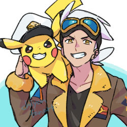 Rule 34 | 1boy, brown jacket, captain pikachu, chon chiyon, clothed pokemon, commentary request, creatures (company), friede (pokemon), fur-trimmed jacket, fur trim, game freak, gen 1 pokemon, goggles, goggles on head, grin, hand up, jacket, long sleeves, looking at viewer, male focus, nintendo, on shoulder, open clothes, open jacket, pikachu, pokemon, pokemon (anime), pokemon (creature), pokemon horizons, pokemon on shoulder, shirt, smile, teeth, upper body, white hair, yellow eyes