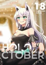 Rule 34 | 1girl, ahoge, animal ear fluff, animal ears, black dress, blurry, blurry background, blush, braid, breasts, cleavage, clothes lift, commentary request, dress, dress lift, earrings, fox ears, fox girl, green eyes, hair between eyes, highres, hololive, jewelry, long hair, looking at viewer, rei officialart, shirakami fubuki, sidelocks, single braid, small breasts, smile, solo, strapless, strapless dress, virtual youtuber, white hair