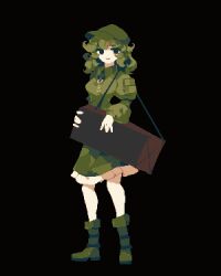 Rule 34 | 1girl, 4qw5, black background, boots, box, flat cap, full body, green footwear, green hair, green hat, hat, juliet sleeves, key, long sleeves, looking at viewer, medium hair, parted lips, pixel art, puffy sleeves, simple background, solo, standing, touhou, yamashiro takane