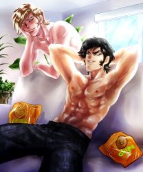 Rule 34 | 2boys, asuka ryou, black eyes, black hair, blonde hair, blue eyes, chips (food), couch, devilman, eye contact, eyebrows, food, fudou akira, looking at another, male focus, multiple boys, muscular, short hair, sideburns, smile, topless male