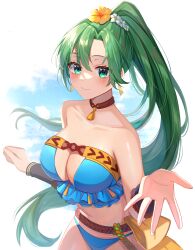 Rule 34 | 1girl, bare shoulders, belt, bikini, blue bikini, blush, breasts, brown choker, choker, cleavage, closed mouth, collarbone, earrings, fire emblem, fire emblem: the blazing blade, fire emblem heroes, flower, frilled bikini, frills, green eyes, green hair, hair flower, hair ornament, high ponytail, highres, jewelry, large breasts, long hair, looking at viewer, lyn (fire emblem), nintendo, official alternate costume, open hand, satoimo chika, smile, swimsuit, very long hair, yellow flower