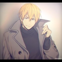 Rule 34 | 1boy, black cardigan, blonde hair, blurry, blush, brown coat, buttons, cardigan, casual, closed mouth, coat, commentary request, depth of field, earrings, gradient background, grey background, hair between eyes, hand up, jewelry, kise ryouta, kuroko no basuke, letterboxed, long sleeves, male focus, mashima shima, open clothes, open coat, short hair, simple background, single earring, smile, solo, twitter username, upper body, yellow eyes