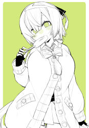 Rule 34 | 1girl, alternate eye color, black gloves, bow, bowtie, cardigan, commentary, eating, fingerless gloves, gloves, green eyes, greyscale with colored background, highres, holding, holding stick, inaba gou, kiritanpo (food), long hair, long sleeves, low ponytail, open mouth, pov, salamander (hop-step), stick, tassel, tenka hyakken