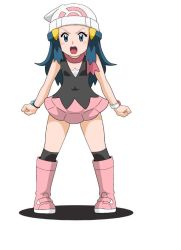 Rule 34 | 1girl, bare legs, blue eyes, blue hair, blush, breasts, cosplay, creatures (company), dawn (pokemon), dawn (pokemon) (cosplay), embarrassed, game freak, hair ornament, hairclip, hat, koutarosu, looking at viewer, nintendo, pokemon, pokemon (anime), pokemon dppt (anime), red scarf, scarf, simple background, skirt, solo, standing