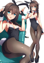 Rule 34 | 1girl, ahoge, animal ears, bed, black footwear, black gloves, black hair, black leotard, black pantyhose, blue eyes, bow, bowtie, braid, breasts, comala (komma la), commentary request, cowboy shot, detached collar, fake animal ears, fingerless gloves, full body, gloves, hair flaps, hair ornament, hair over shoulder, high heels, highres, kantai collection, leotard, long hair, looking at viewer, lying, medium breasts, multiple views, on side, pantyhose, platform footwear, playboy bunny, rabbit ears, rabbit pose, rabbit tail, shigure (kancolle), simple background, single braid, strapless, strapless leotard, tail, thigh gap, white background, wrist cuffs