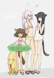 Rule 34 | 3girls, animal, animal ears, bikini, black hair, breasts, brown hair, cleavage, closed mouth, dog, glasses, innertube, long hair, medium breasts, mokeo, multiple girls, one-piece swimsuit, open mouth, original, pink hair, rabbit ears, sandals, short hair, shorts, simple background, standing, striped, swim ring, swimsuit, tail, tank top, tongue, twintails, white one-piece swimsuit