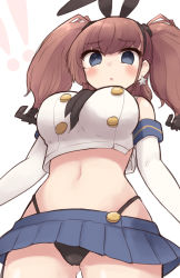 Rule 34 | 1girl, anchor hair ornament, atlanta (kancolle), black hairband, black neckerchief, black panties, blue sailor collar, blue skirt, breasts, brown hair, cosplay, cowboy shot, crop top, elbow gloves, gloves, grey eyes, hair ornament, hairband, highleg, highleg panties, highres, kantai collection, large breasts, long hair, microskirt, miniskirt, neckerchief, panties, pleated skirt, sailor collar, shimakaze (kancolle), shimakaze (kancolle) (cosplay), simoyuki, simple background, skirt, solo, standing, two side up, underwear, white background, white gloves