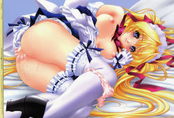 Rule 34 | absurdres, anal, anal beads, apron, ass, bed, bed sheet, blonde hair, blouse, blue eyes, blush, bow, bowtie, breasts, clothes lift, dengeki hime, dress, dress lift, ecchi na maid-san wa suki desu ka?, elbow gloves, gloves, hair ribbon, high heels, highres, kanou arisa, lace, lace-trimmed legwear, lace trim, long hair, lying, maid, maid apron, maid headdress, naughty face, nipples, no bra, object insertion, off shoulder, official art, on side, open clothes, open shirt, panties, panties around leg, pink panties, pussy juice, ribbon, sakashita fubuki, scan, sex toy, shirt, shoes, smile, thighhighs, twintails, underwear, very long hair, wrist cuffs