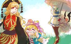 Rule 34 | 4girls, american flag dress, apron, bat wings, bird, blonde hair, bow, braid, breasts, brown footwear, brown legwear, chinese clothes, clownpiece, commentary request, crying, closed eyes, fairy wings, green bow, hair ribbon, hat, head bump, izayoi sakuya, jester cap, junko (touhou), large breasts, long hair, long sleeves, looking at another, looking back, maid apron, maid headdress, mob cap, multiple girls, neck ruff, one eye closed, open mouth, pantyhose, phoenix, pout, remilia scarlet, ribbon, sweatdrop, tabard, tassel, touhou, tress ribbon, twin braids, umbrella, wide sleeves, wings, yutarou