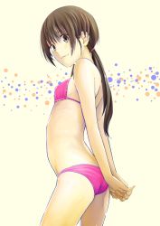 Rule 34 | 1girl, arched back, arms behind back, ass, bad anatomy, bare arms, bikini, breasts, brown eyes, brown hair, cowboy shot, fingernails, flat chest, from side, highres, hitori (htr t), long hair, looking at viewer, looking to the side, low twintails, original, own hands clasped, own hands together, pink bikini, small breasts, solo, swimsuit, twintails
