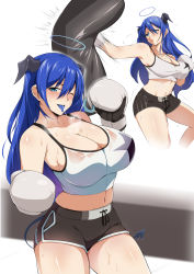 Rule 34 | 1girl, arknights, bare arms, bare shoulders, black shorts, blue eyes, blue hair, blue tongue, boxing gloves, breasts, cleavage, collarbone, colored tongue, crop top, halo, highres, horns, large breasts, long hair, looking at viewer, midriff, mostima (arknights), multiple views, navel, official alternate costume, one eye closed, punching, saliva, saliva trail, sandbag, short sleeves, shorts, simple background, smile, spaghetti strap, sports bra, star (symbol), star print, stomach, sweat, thighs, white background, xllam