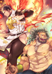Rule 34 | 2boys, abs, action, animal ears, arsalan (tokyo houkago summoners), ass, bara, barefoot, beard, black hair, bulge, chest hair, couple, cross, facial hair, fiery wings, fighting stance, fingernails, fire, flaming halo, full body, furry, furry male, green hair, halo, highres, hip vent, interspecies, large pectorals, lion boy, lion ears, male focus, mature male, multicolored hair, multiple boys, muscular, muscular male, nipples, pectorals, pelvic curtain, sharp fingernails, short hair, squatting, stomach, stubble, thick thighs, thighs, tokyo houkago summoners, topless male, two-tone hair, wafu (youzora samo18), wings, yellow eyes, zabaniyya (housamo)