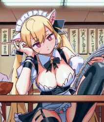 Rule 34 | 1girl, ahoge, animal ear fluff, animal ears, black bow, black thighhighs, blonde hair, bow, bowl, breasts, cat ears, chopsticks, cleavage, closed mouth, commentary request, corset, dot nose, elbow on table, garter straps, hair bow, highres, holding, holding chopsticks, holding pen, large breasts, long hair, maid, maid headdress, nijisanji, official alternate costume, panties, pantyshot, pen, pixel art, purple eyes, reading, restaurant, sitting, skirt, solo, takamiya rion, thighhighs, translation request, twintails, underwear, virtual youtuber, wada (zes16)