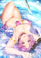 1girl armlet armpits bikini black_gloves breasts collarbone commentary_request covered_erect_nipples fate/grand_order fate_(series) fingerless_gloves gloves highres jewelry large_breasts long_hair looking_at_viewer lying maze_yuri minamoto_no_raikou_(fate) minamoto_no_raikou_(fate/grand_order) minamoto_no_raikou_(swimsuit_lancer)_(fate) on_back open_mouth petals pink_bikini purple_eyes purple_hair shiny_skin side-tie_bikini_bottom single_glove solo sparkle strapless strapless_bikini swimsuit sword thighs upside-down water weapon