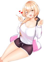Rule 34 | 1girl, ;d, absurdres, black shorts, blonde hair, blush, breasts, casual, cleavage, drawstring, fang, hair between eyes, hair ornament, hair scrunchie, heart, highres, hood, hooded jacket, invisible chair, jacket, large breasts, long hair, looking at viewer, low ponytail, mapyarong, nijisanji, nui sociere, nui sociere (2nd costume), official alternate costume, one eye closed, open clothes, open jacket, open mouth, scrunchie, shirt, short shorts, shorts, sitting, smile, solo, thighs, very long hair, virtual youtuber, white shirt, yellow eyes