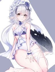 Rule 34 | 1girl, absurdres, arknights, bikini, blue flower, commentary request, crocodilian tail, flower, flower wreath, hair between eyes, hair flower, hair ornament, hand on own thigh, highres, long hair, looking at viewer, official alternate costume, pointy ears, sidelocks, sitting, solo, swimsuit, tail, thighs, tomimi (arknights), tomimi (silent night) (arknights), wariza, white bikini, white flower, white hair, yellow eyes, yuzusawa oekaki
