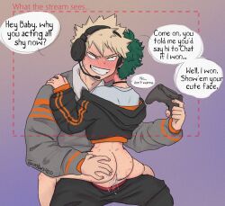 1boy 2boys anal artist_name ass ass_grab bad_tag bakudeku bakugou_katsuki bite_mark black_jacket black_pants blonde_hair blush boku_no_hero_academia bones_(company) bottomless choker clothes_pull controller crop_top english_text femboy freckles game_controller green_hair grey_shirt grin hand_on_another&#039;s_shoulder hands_on_another&#039;s_shoulders headphones headset highres holding holding_controller holding_game_controller hood hood_down hoodie jacket long_sleeves looking_at_another male_focus midoriya_izuku multiple_boys pants pants_pull penis playing_games red_eyes sex shirt short_hair shounen_jump sitting sitting_on_lap sitting_on_person smile speech_bubble straddling sweat talking teeth twinstars420 upright_straddle yaoi