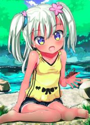Rule 34 | 10s, 1girl, barefoot, beach, blue eyes, blue shorts, camisole, crab, dada (esoragoto), dark skin, flat chest, flower, grass, hair bobbles, hair flower, hair ornament, kantai collection, open mouth, ro-500 (kancolle), rock, sand, shirt, short twintails, shorts, sitting, tied shirt, tree, twintails, water, white hair, yellow shirt