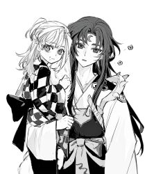 Rule 34 | 1boy, 1girl, aged down, braid, carrying, checkered clothes, checkered kimono, chidouin sara, child, child carry, closed mouth, commentary, cosplay, cowboy shot, crescent, crescent facial mark, double-parted bangs, facial mark, flower (symbol), food, food on face, forehead mark, french braid, full body, fur shawl, greyscale, half updo, head tilt, highres, hilt, inuyasha, japanese clothes, kimi ga shine, kimono, light blush, long hair, long sleeves, looking at viewer, looking to the side, monochrome, obi, parted bangs, parted lips, pipoabubu, rin (inuyasha), rin (inuyasha) (cosplay), sash, satou kai, sesshoumaru, sesshoumaru (cosplay), shawl, sheath, sheathed, simple background, single sidelock, smile, symbol-only commentary, tabi, upper body, white background, wide sleeves