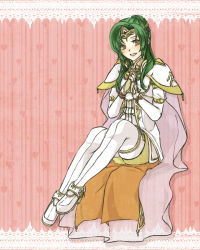 Rule 34 | 1girl, armor, bad id, bad pixiv id, boots, cape, elincia ridell crimea, fire emblem, fire emblem: path of radiance, green hair, heart, nintendo, one-one-mix, own hands together, pantyhose, shoulder pads, sitting, thigh boots, thighhighs, tiara, white armor, white thighhighs, yellow eyes