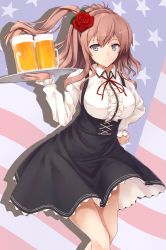 Rule 34 | 10s, 1girl, alcohol, alternate costume, american flag, beer, blue eyes, blush, breasts, brown hair, center frills, dress, enchuu, flag background, flower, frills, hair flower, hair ornament, hand on own hip, highres, holding, holding plate, kantai collection, large breasts, long hair, long sleeves, looking at viewer, meme attire, oktoberfest, plate, red flower, saratoga (kancolle), side ponytail, skirt, smile, solo, suspender skirt, suspenders, tray, virgin killer outfit