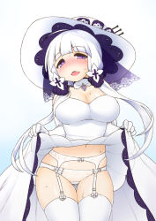 Rule 34 | 1girl, azur lane, blush, bow, breasts, cleavage, clothes lift, detached collar, dress, dress lift, elbow gloves, garter belt, garter straps, gloves, gluteal fold, hair ornament, hat, illustrious (azur lane), kogaku kazuya, lace, lace-trimmed dress, lace trim, large breasts, legs together, lifted by self, looking at viewer, mole, mole under eye, navel, nose blush, open mouth, panties, purple eyes, pussy juice, simple background, solo, sun hat, sweat, thigh gap, thighhighs, thighs, tri tails, underwear, white background, white bow, white dress, white gloves, white hair, white hat, white panties, white thighhighs