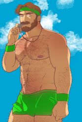 Rule 34 | 1boy, abs, alternate costume, bara, beard, bulge, coach, cowboy shot, dolphin shorts, facial hair, full beard, green male swimwear, hairy, headband, highres, large pectorals, magnum opus (mewniverse), male focus, male swimwear, mature male, mewniverse, muscular, muscular male, mustache, navel, navel hair, nipples, outdoors, pectorals, sam (mewniverse), short hair, shorts, solo, standing, stomach, thick arm hair, thick beard, thick chest hair, thick eyebrows, thick leg hair, thick navel hair, thick thighs, thighs, topless male, tsurime, very hairy, whistling