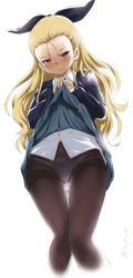Rule 34 | 10s, 1girl, assam (girls und panzer), black pantyhose, blonde hair, blue eyes, blush, clothes lift, cropped legs, crotch seam, girls und panzer, gluteal fold, highres, inu (aerodog), knees together feet apart, lifting own clothes, long hair, long sleeves, looking at viewer, panties, panties under pantyhose, pantyhose, school uniform, shirt, simple background, solo, sweater, sweater vest, thigh gap, thighband pantyhose, twitter username, underwear, white background, white shirt
