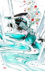 Rule 34 | 1girl, crystal, flower, green hair, hatsune miku, highres, lying, solo, twintails, vihua6, vocaloid