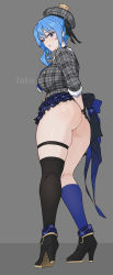 Rule 34 | 1girl, alternate breast size, ass, beret, black footwear, black thighhighs, blue eyes, blue hair, breasts, dress, from behind, grey dress, grey hat, hat, high heels, highres, hololive, hoshimachi suisei, hoshimachi suisei (1st costume), large breasts, looking at viewer, looking back, mibe (suiseichu), plaid, plaid dress, plaid headwear, side ponytail, single thighhigh, solo, thigh strap, thighhighs, thighs, virtual youtuber