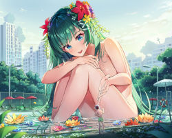 Rule 34 | 1boy, 1girl, :d, apple (luffy123), blue eyes, blue flower, building, chain-link fence, city, commentary request, completely nude, day, fence, flower, giant, giantess, green hair, green male swimwear, green swim trunks, hair flower, hair ornament, in the face, knees up, lamppost, lifebuoy, long hair, looking at another, looking down, male swimwear, nude, open mouth, original, outdoors, partially submerged, petals, pool, pool ladder, poolside, red flower, revision, sitting, smile, splashing, swim ring, swim trunks, swimsuit, very long hair, water, yellow flower