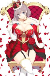 1girl absurdres alternate_costume blue_eyes breasts cape cleavage collarbone crossed_legs crown dress elbow_gloves fur-trimmed_cape fur_trim garter_straps gloves gridman_universe highres large_breasts light_brown_hair looking_at_viewer mujina petals red_cape reibun_(raven1119) rose_petals simple_background sitting smile solo ssss.dynazenon strapless strapless_dress thick_thighs thighhighs thighs throne white_background white_gloves white_thighhighs