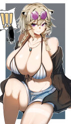 Rule 34 | !, !!, 1girl, animal ear fluff, animal ears, arknights, bare shoulders, bikini, bikini top only, black jacket, border, braid, breasts, cleavage, closed mouth, collarbone, denim, denim shorts, doctor (arknights), eyewear on head, fang, gin moku, grey background, hair ornament, hairclip, highres, huge breasts, jacket, jewelry, knee up, light brown hair, looking at viewer, low twin braids, medium hair, navel, off shoulder, official alternate costume, open clothes, open jacket, outside border, pendant, pink-tinted eyewear, pink eyes, short shorts, shorts, simple background, sitting, skin fang, smile, solo, spoken character, spoken exclamation mark, striped bikini, striped clothes, sunglasses, swimsuit, tan, tanline, thighs, tinted eyewear, twin braids, utage (arknights), utage (summer flowers) (arknights), vertical-striped bikini, vertical-striped clothes, white border