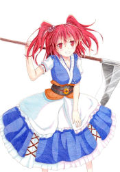 Rule 34 | 1girl, belt, breasts, coin, colored pencil (medium), dress, female focus, grin, hair bobbles, hair ornament, kittona, medium breasts, millipen (medium), onozuka komachi, red eyes, red hair, scythe, short hair, simple background, smile, solo, touhou, traditional media, twintails, two side up, watercolor pencil (medium), white background