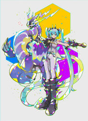 Rule 34 | absurdres, aqua eyes, aqua hair, belt, black footwear, black gloves, boots, collared shirt, commentary, creatures (company), double bun, dragon horns, dragon miku (project voltage), electricity, fake horns, game freak, gloves, hair bun, hatsune miku, highres, holding, holding sword, holding weapon, horns, kawasaki (kwsk 8765), knee boots, light smile, long hair, looking at viewer, miraidon, nintendo, pants, pokemon, pokemon (creature), project voltage, shirt, side cape, single bare shoulder, sword, twintails, twitter username, very long hair, vocaloid, weapon