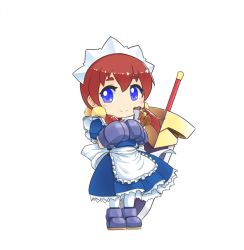 Rule 34 | 1girl, apron, arcana heart, blue dress, blue eyes, boots, brown hair, chibi, closed mouth, dress, fiona mayfield, full body, gloves, grey footwear, grey gloves, looking at viewer, low twintails, maid, maid headdress, medium hair, pecka, puffy short sleeves, puffy sleeves, short eyebrows, short sleeves, simple background, smile, squirrel, standing, sword, twintails, waist apron, weapon, white apron, white background
