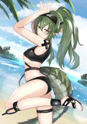 Rule 34 | 1girl, absurdres, ankle strap, arknights, beach, bikini, black bikini, breasts, cloud, commentary request, crocodilian tail, day, depayama (depaty), foot out of frame, from side, gavial (arknights), green hair, hand up, highleg, highleg bikini, highres, long hair, long sleeves, looking at viewer, looking to the side, medium breasts, navel, official alternate costume, parted lips, pointy ears, ponytail, sandals, sidelocks, sky, smile, solo, sparkle, standing, standing on one leg, swimsuit, tail, thigh strap, thighs, underboob, visor cap, yellow eyes