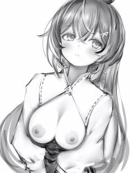 Rule 34 | 1girl, absurdres, blush, breasts, breasts out, cleavage, frown, greyscale, hair between eyes, hair ornament, hairclip, highres, hololive, hololive english, long hair, long sleeves, medium breasts, monochrome, nanashi (nlo), nanashi mumei, nipples, simple background, solo, upper body, virtual youtuber