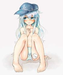 Rule 34 | 1girl, anchor symbol, black hat, blue eyes, blush, breasts, collarbone, embarrassed, feet, female focus, full body, hand up, hat, have to pee, hibiki (kancolle), jpeg artifacts, kantai collection, long hair, looking away, looking to the side, navel, open mouth, panties, pee, pee stain, shiny skin, silver hair, simple background, sitting, small breasts, solo, topless, traditional media, translated, underwear, underwear only, watakarashi, wet, wet clothes, wet panties, white background, white panties