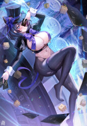 Rule 34 | 1girl, :3, @ @, absurdres, azur lane, black pantyhose, blue eyes, blue hair, blue hat, blush, bow, bowtie, breast curtains, breasts, cheshire (azur lane), cheshire (the cat in the magic hat) (azur lane), cleavage, closed mouth, commentary request, dice, hat, highres, holding, large breasts, long sleeves, looking at viewer, lying, navel, official alternate costume, on back, pantyhose, purple bow, purple bowtie, see-through, smile, soles, solo, tansuan (ensj3875), thighs, top hat, torn clothes, torn pantyhose