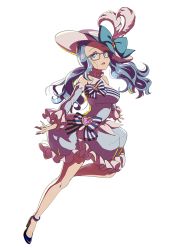 Rule 34 | 1girl, blue eyes, blue hair, bow, collar, detached sleeves, dress, frilled collar, frilled dress, frilled sleeves, frills, full body, hat, hat bow, high heels, light blue dress, looking at viewer, low twintails, magical girl, magicami, official art, okada marianne, open mouth, transparent background, twintails, two-tone dress, white dress