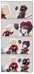 Rule 34 | 1boy, 1girl, 4koma, ^^^, anger vein, archer (fate), asaya minoru, black hair, comic, commentary, fate/grand order, fate/stay night, fate (series), flower, frying pan, hair flower, hair ornament, in the face, ink, japanese clothes, katsushika hokusai (fate), octopus, open mouth, paintbrush, pointing, pot, short hair, short sleeves, silent comic, stove, tan background, twitter username, white hair
